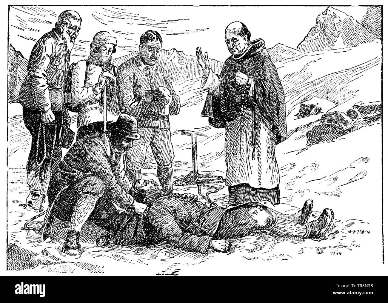 Caduto alpinista, morente, con la benedizione il pastore , W H Braun (calendario, 1934) Foto Stock