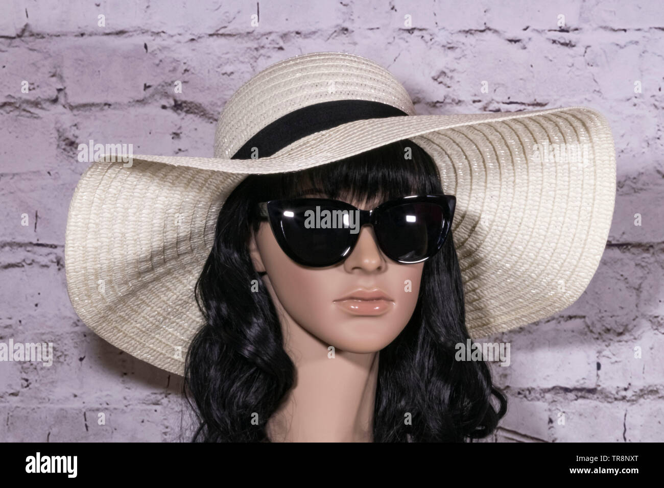 Manichino con cappello di paglia e occhiali da sole Foto Stock