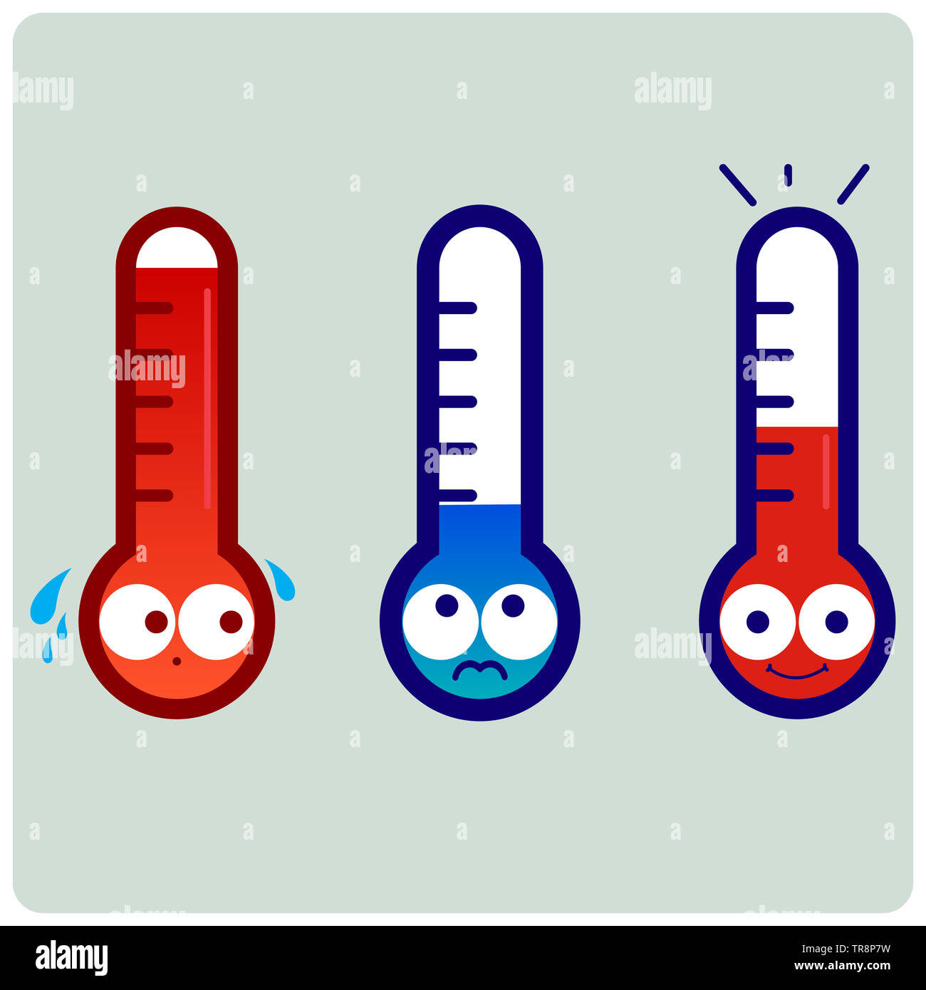 Carini termometri cartoni animati che indicano temperatura calda, fredda e normale. Icone di temperatura simpatiche. Clima caldo e freddo. Foto Stock