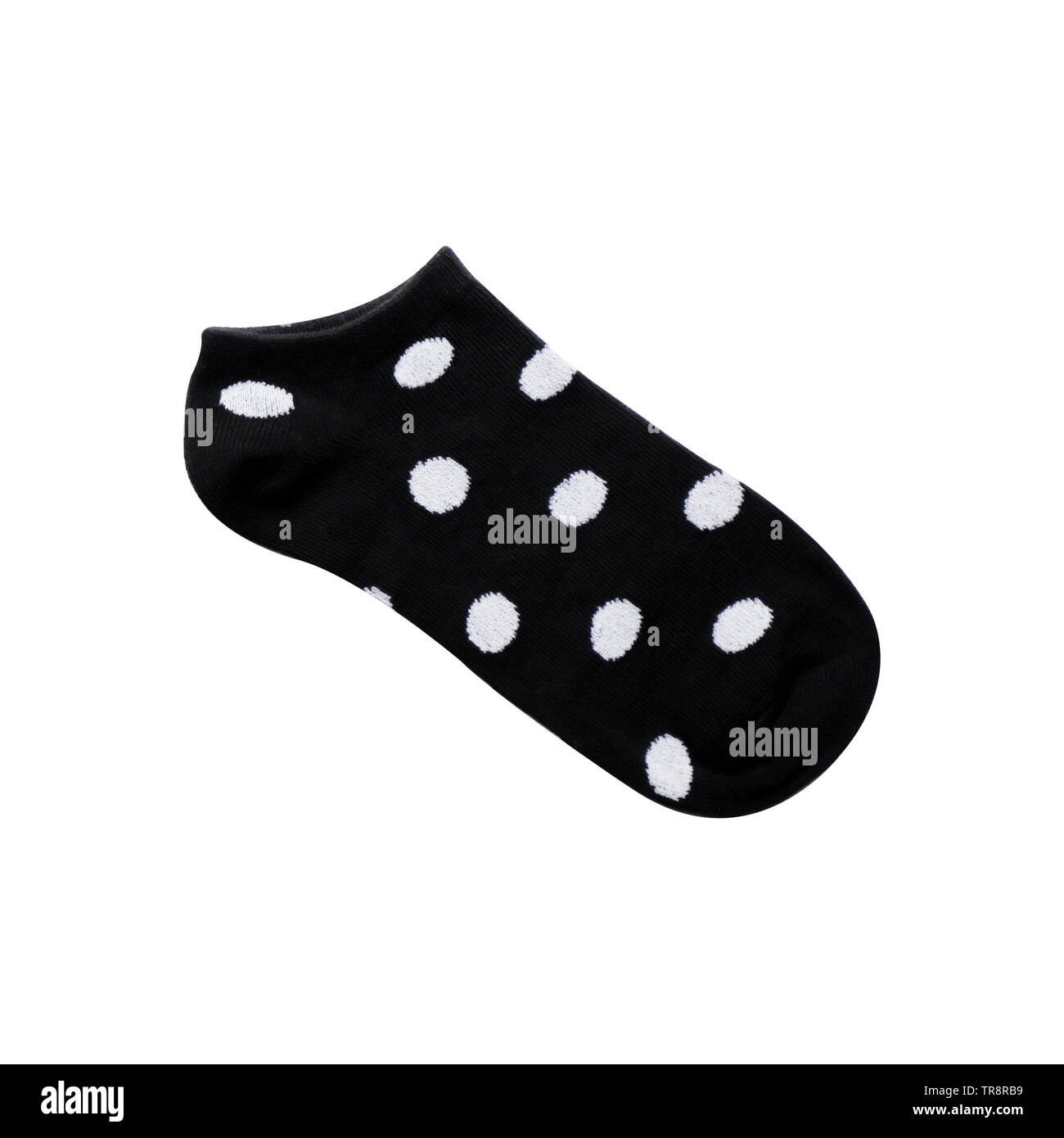 Nuova coppia di capretto alla moda calze, vista dall'alto, piatto laici. Bellezza nero e bianco Polka Dot calza isolato su bianco Colore di sfondo con percorso di clipping. Foto Stock