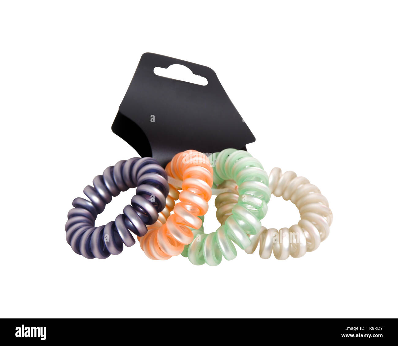 Capelli colorati Band isolato su sfondo bianco con percorso di clipping. Primo piano della spirale colorata di quattro bande di gomma per accessori di moda. Bella Foto Stock