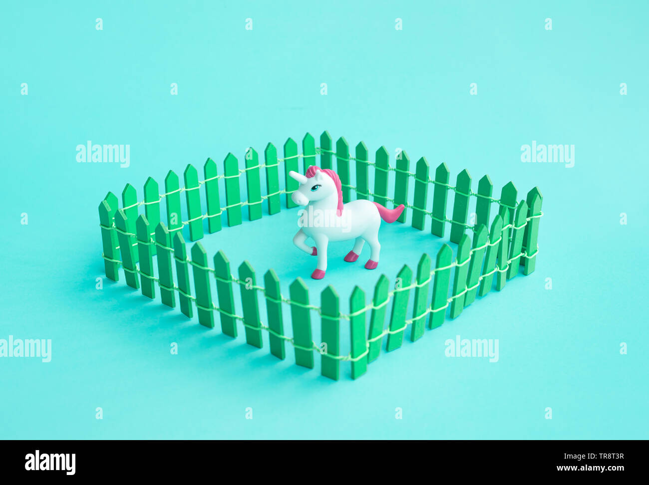 Unicorn modello giocattolo in recinto sul colore di sfondo Foto Stock