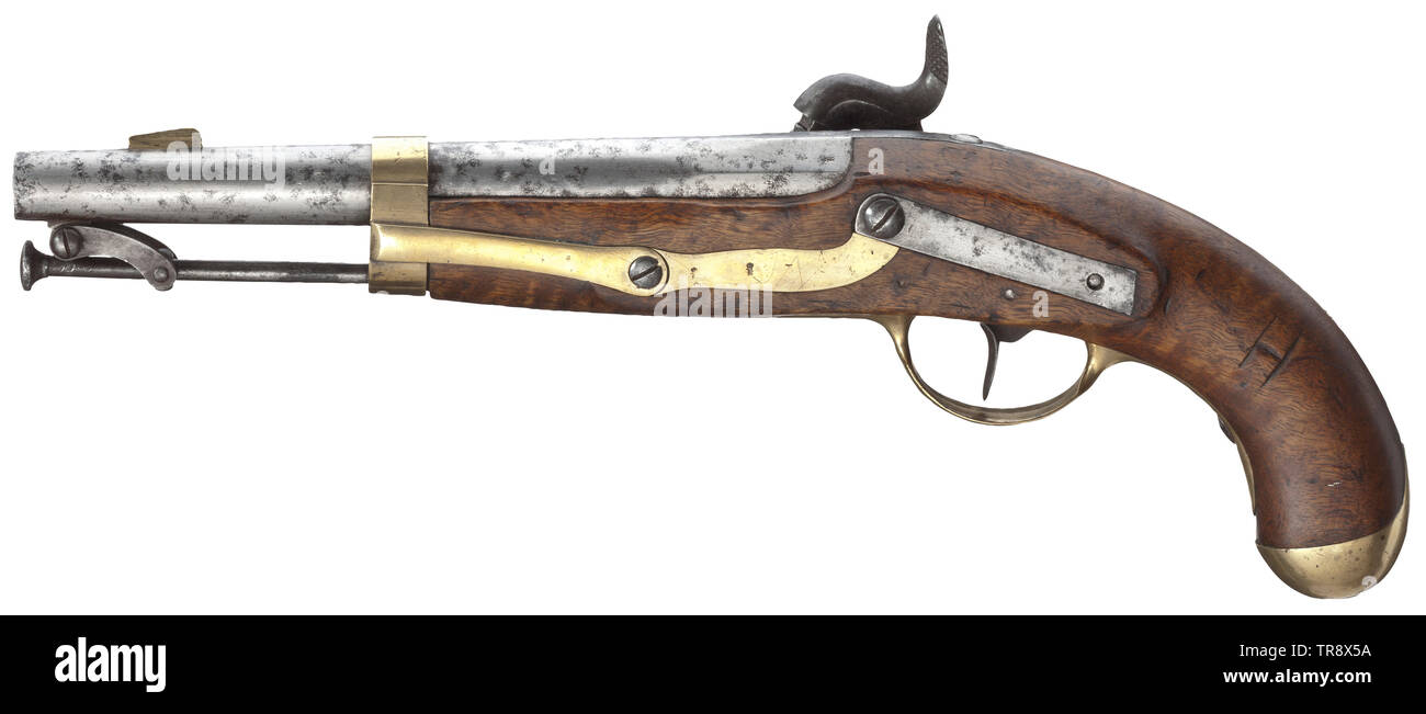 Una pistola Navy M 1849 alesaggio liscio in 15 mm di calibro in ottone con mirino anteriore. In corrispondenza della culatta un aquila stampigliato sopra ancora accanto all accettazione timbro. Serratura a percussione con il costruttore timbro eagle/'SUHL S & C' al di sopra di ancoraggio. Il calcio in noce con moltiplicare stampigliato mobili in ottone. Ferro incernierato bacchetta di caricamento. Parti in ferro rettificate con alcune tracce di corrosione, gancio della cinghia rimossa. Lunghezza 40 cm. La marina militare della Confederazione tedesca esisteva solo dal 1848 - 1852. Pertanto la pistola Navy M 1849 tariffe tra i rari tedesco regolamento militare pistole. L'ordine del tedesco della Co, Additional-Rights-Clearance-Info-Not-Available Foto Stock