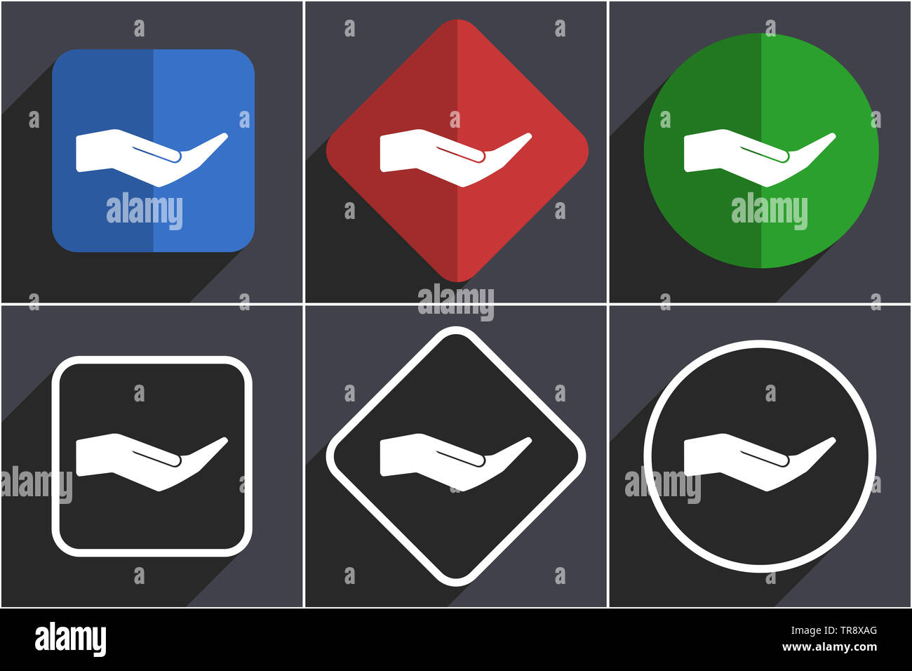 Cura umana mano set di design piatto web icone in 6 opzioni Foto Stock