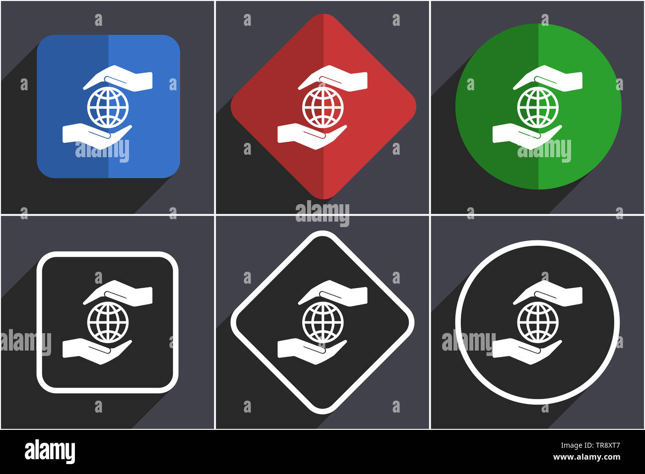 Cura delle mani pianeta ambiente set di design piatto web icone in 6 opzioni Foto Stock