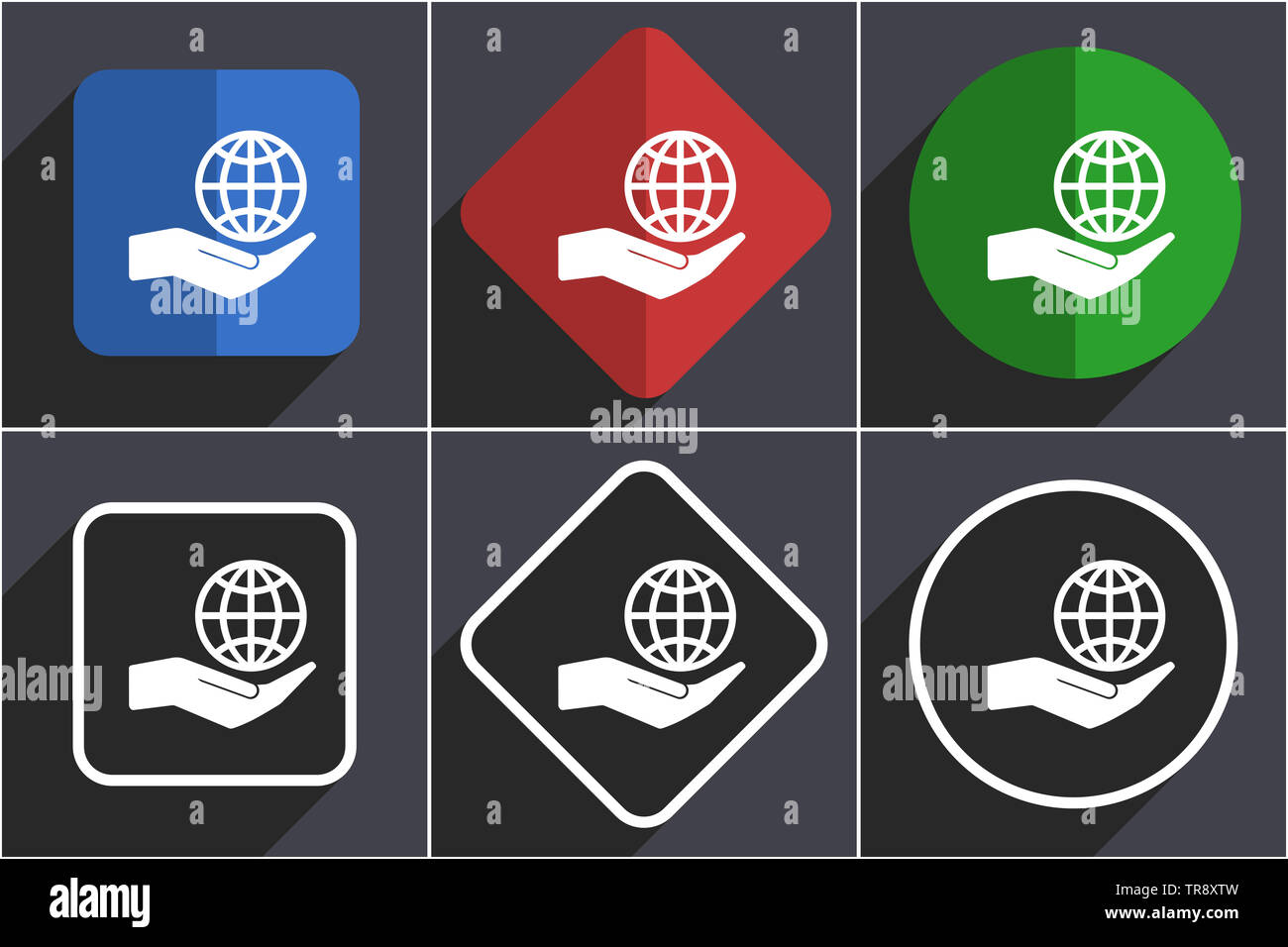 Cura delle mani pianeta ambiente set di design piatto web icone in 6 opzioni Foto Stock