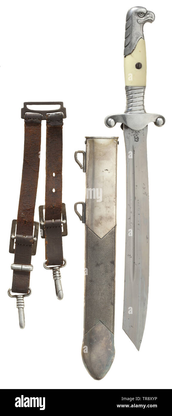 Un hewer M 37 per RAD leader con appendiabiti in pelle lama Hewer inciso con il motto e Maker's Mark 'WKC Solingen". Il grip con argento-placcatura ed avvitata in plastica bianca scale di presa (sostituito?). Il ferro scabbard mantenere la maggior parte del suo argento-placcatura. Pelle marrone appendiabiti con supporti in metallo. Lunghezza 39,5 cm. Bella condizione. storica, storica, Reichsarbeitsdienst, Reich Manodopera, membro della manodopera, organizzazione, organizzazione, organizzazioni, organizzazioni, NS, il socialismo nazionale, il nazismo, il terzo Reich, Reich tedesco, Germania, nazionale socialista, nazista, periodo nazista, fasc, Editorial-Use-solo Foto Stock