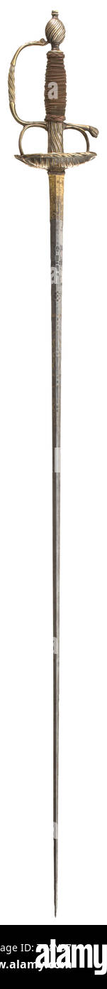 Un piccolo savoiardo-spada con placcati argento elsa, circa 1770 pala di spinta di appiattita sezione esagonale con decorativo segni geometrici sul terzo inferiore. Aquila dorato inciso sul lato inverso, con il Savoy stemma sotto la corona regale, cartouches dorato su entrambi i lati della base contenente la scritta 'VIVE LE ROI'. Sfregate placcati in argento elsa in ottone decorato in rilievo a spirale, impugnatura avvolta con filo di rame e ornata con Turk di testa. Lunghezza 102 cm. storica, storica, spada, spade, armi, armi, arma, braccio, combattimenti devi, Additional-Rights-Clearance-Info-Not-Available Foto Stock