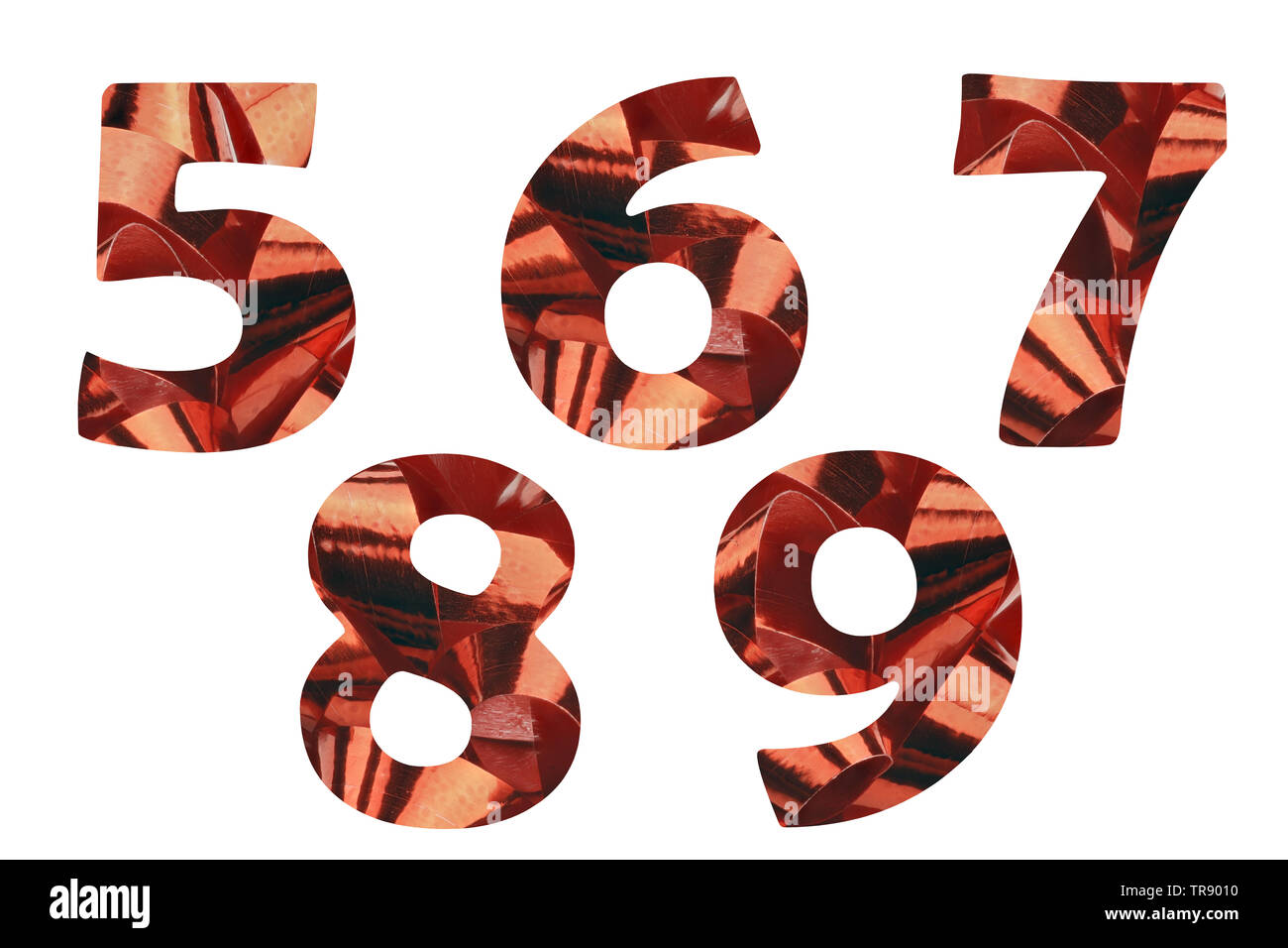 Impostato con i numeri da 5,6,7,8 e 9 tagliati da un close-up di un rosso nastro regalo Foto Stock