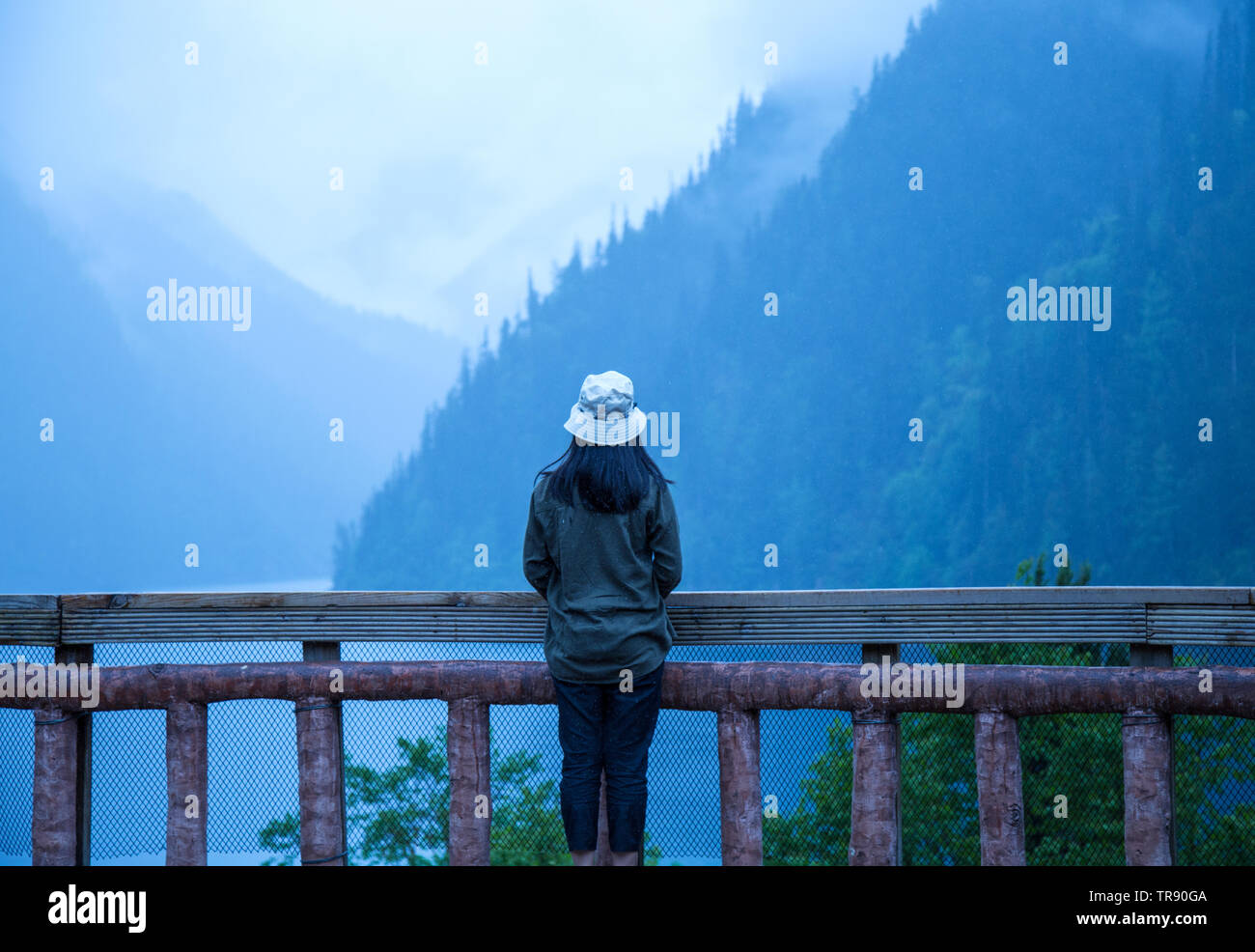 Vista sulle montagne di Jiuzhaigou, strati di montagne, alcune irreale, strati progressivi.osservare le persone dalle ringhiere Foto Stock