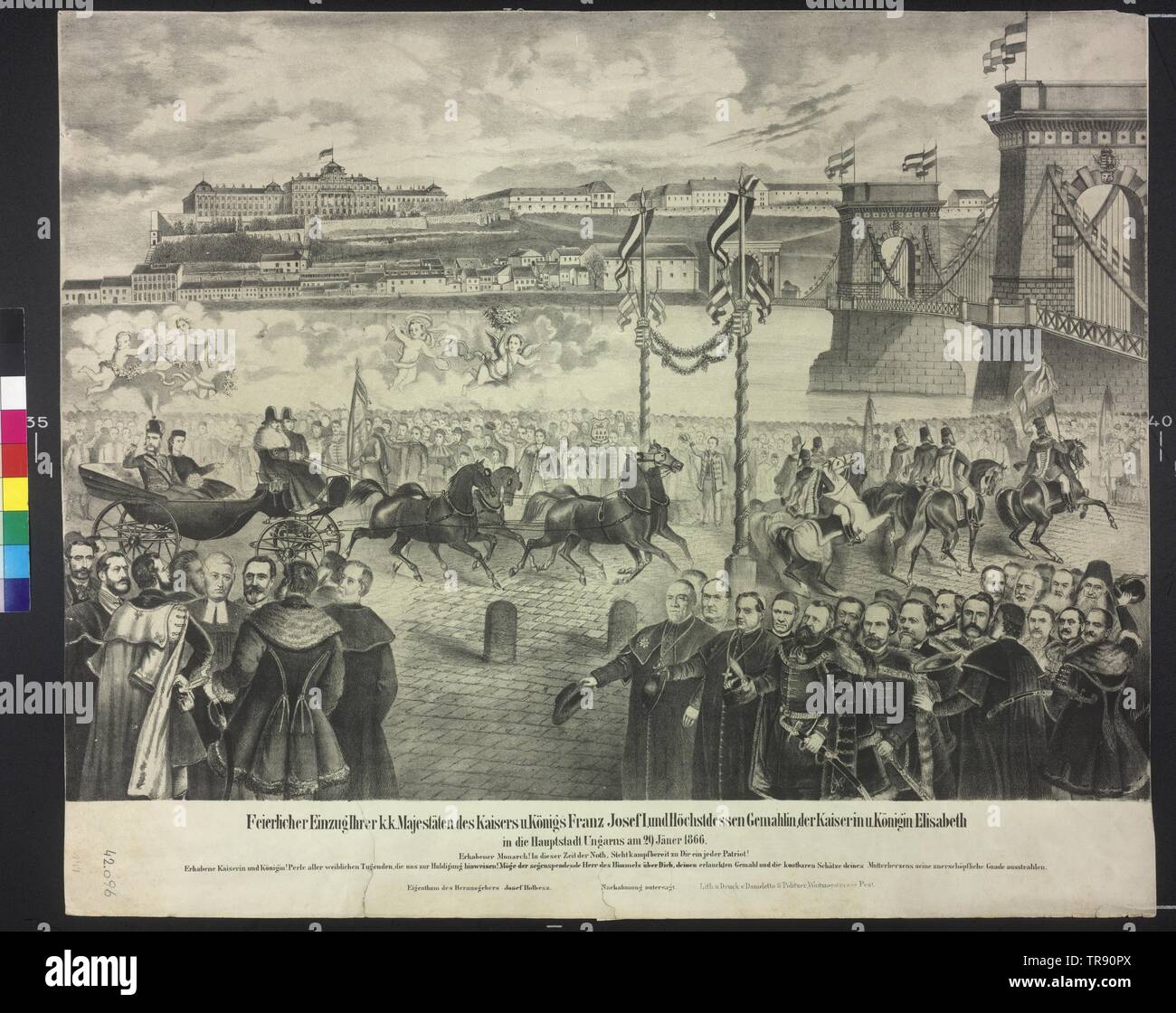 Arrivo della coppia imperiale alla corte dello storage in Budapest su 29. Gennaio 1866, Francesco Giuseppe I ed Elisabetta in pullman aperto (nuotatore à La Daumont) seduta, durante il trasporto verso il Ponte della Catena, il castello di forno in background. litografia da Danieletto e Politzer, Additional-Rights-Clearance-Info-Not-Available Foto Stock