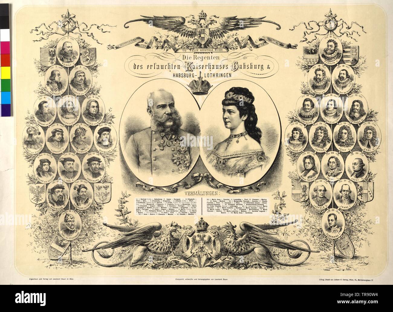 Il Regents della nobile famiglia imperiale degli asburgo & Asburgo Lorena, tableau con immagini di Franz Joseph I, imperatore d'Austria e di sua moglie Elisabetta e di tutti i capitani reggenti di Rudolf I fino all'imperatore Ferdinando I, con advertence sulla maestosa dignità di sposarsi con legami. stemma. tonica litografia da F. traccia sulla base di un progetto da Leonhard Bauer, Additional-Rights-Clearance-Info-Not-Available Foto Stock