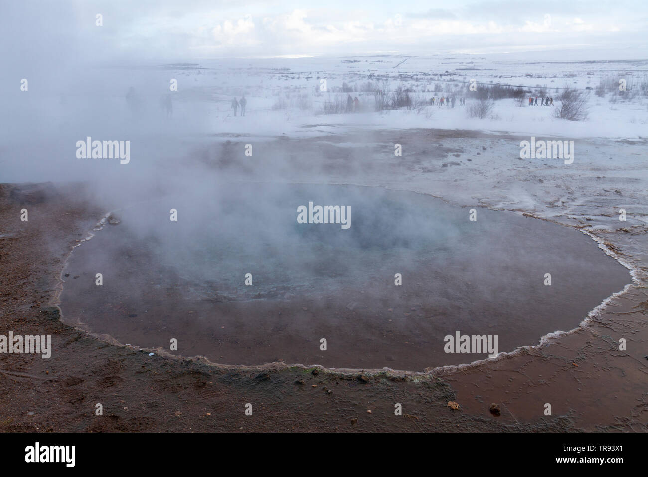 Un gorgogliamento di una piscina termale a Geysir Hot Springs campo geotermico, parte del cerchio d'Oro dell'Islanda. Foto Stock