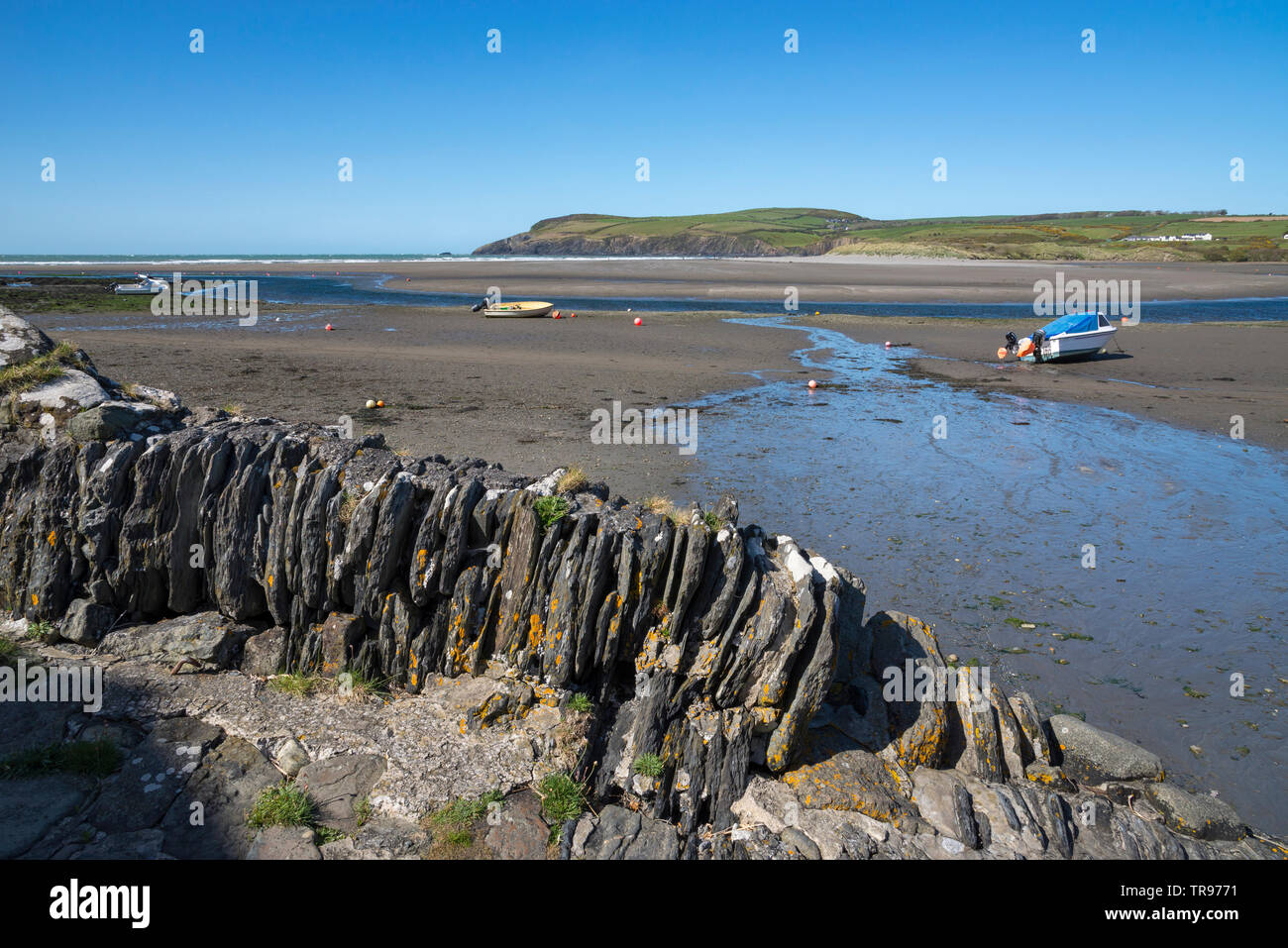 Bassa marea a Newport Parrog in Pembroekshire, Galles. Vista attraverso l'estuario di Newport sands. Foto Stock