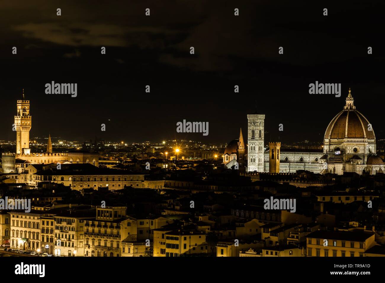 Firenze fu un centro medievale di unione del commercio e della finanza e una delle città più ricche di quell'epoca. Palazzo vecchio e il Duomo di notte Foto Stock
