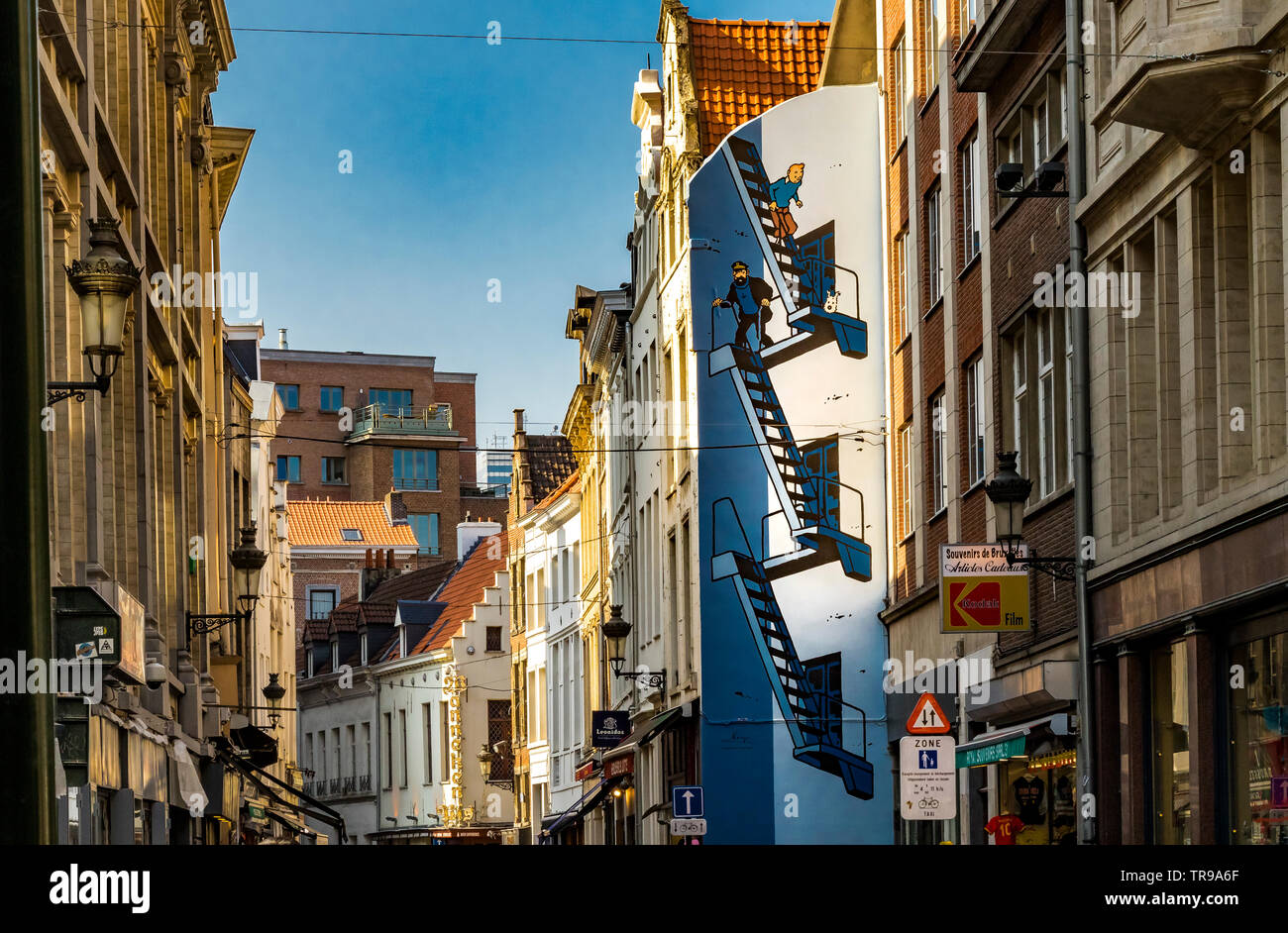 Tin Tin correndo giù per una scalinata dipinta sulla fiancata di un edificio lungo Rue de l'Etuve,Bruxelles,Belgio Foto Stock