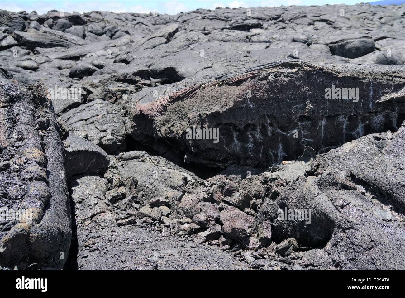 Incredibili campi di lava in tra il Mauna Kea e Mauna Loa vulcani sulla Big Island delle Hawaii, privo di vita tranne alcuni rari casi Foto Stock