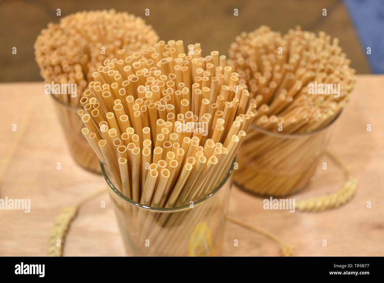 Assortiti cannucce naturale costituito da steli di grano in vasi sul display a Paglia Fieno stand al National Restaurant Association Show tenutosi a Chicago, IL, Stati Uniti d'America Foto Stock