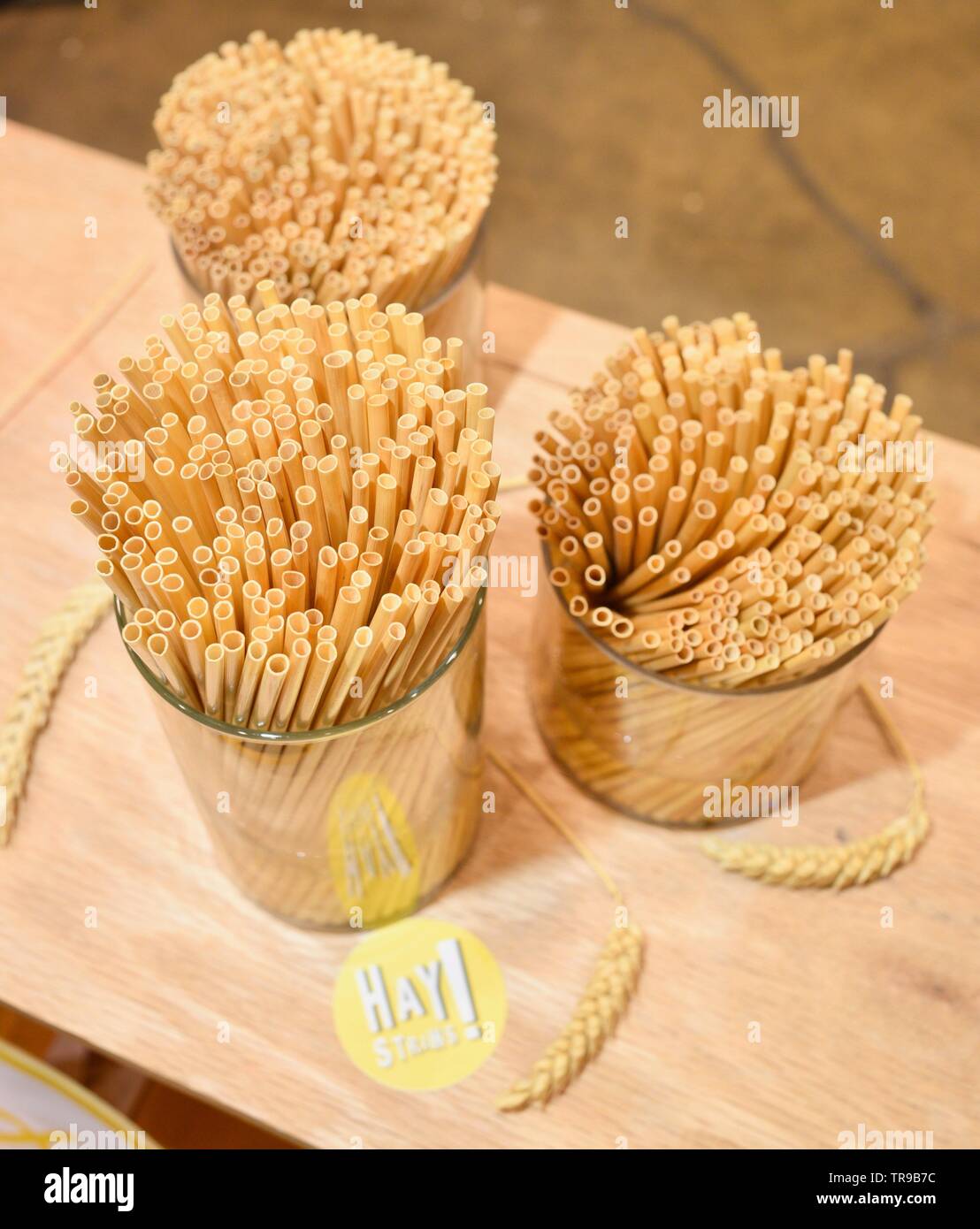 Assortiti cannucce naturale costituito da steli di grano in vasi sul display a Paglia Fieno stand al National Restaurant Association Show tenutosi a Chicago, IL, Stati Uniti d'America Foto Stock