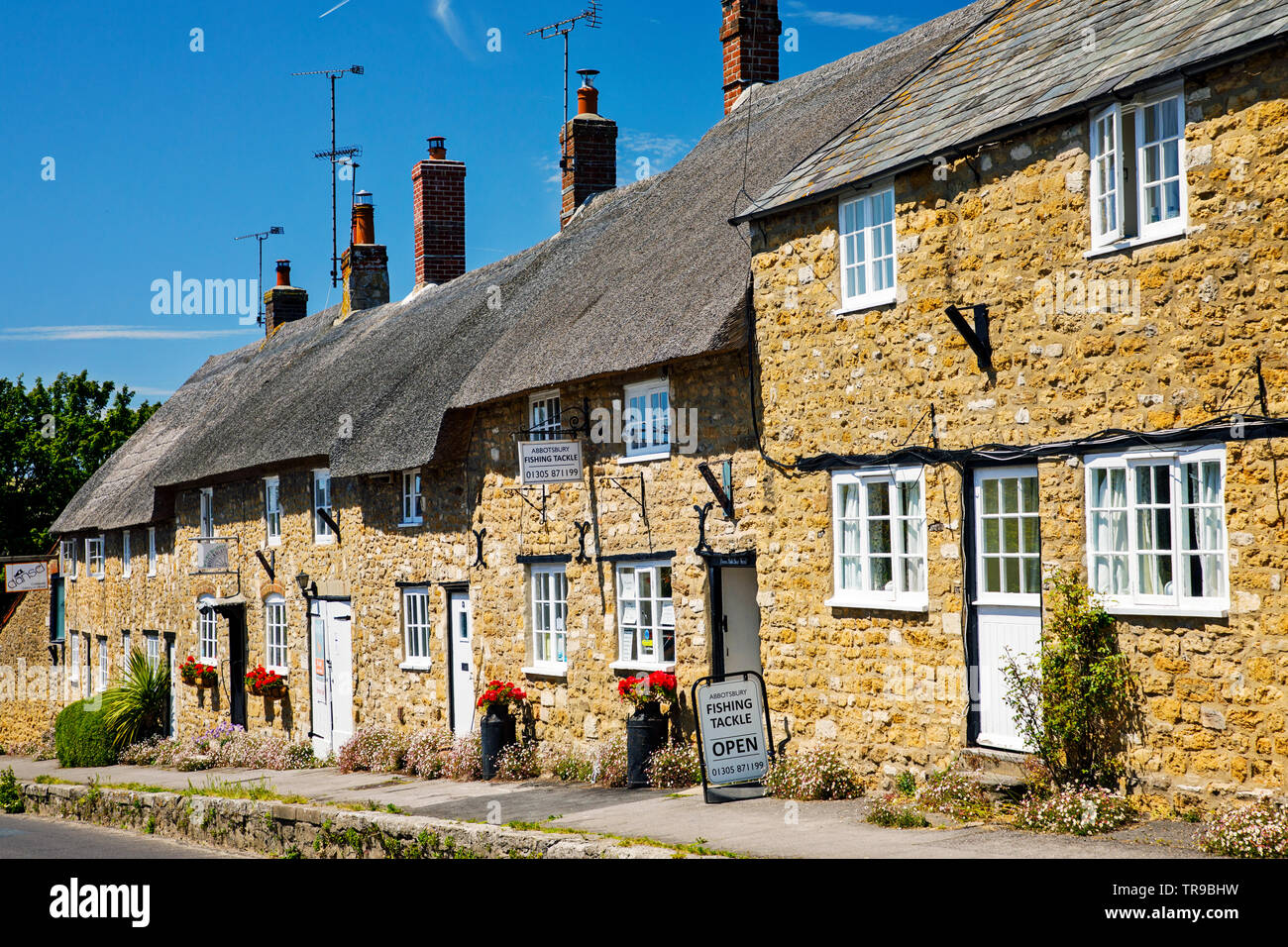 ABBOTSBURY, Regno Unito - Maggio 22th, 2019: Il villaggio di Abbotsbury comprende una lunga strada di case di pietra, molti dei quali sono con il tetto di paglia, con alcuni risalenti dal Foto Stock