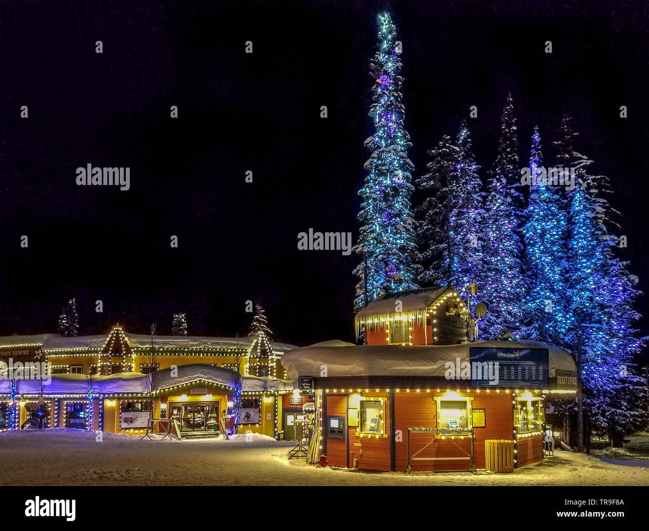 Il villaggio principale di Silver Star Mountain durante la notte in British Columbia, Canada. Foto Stock