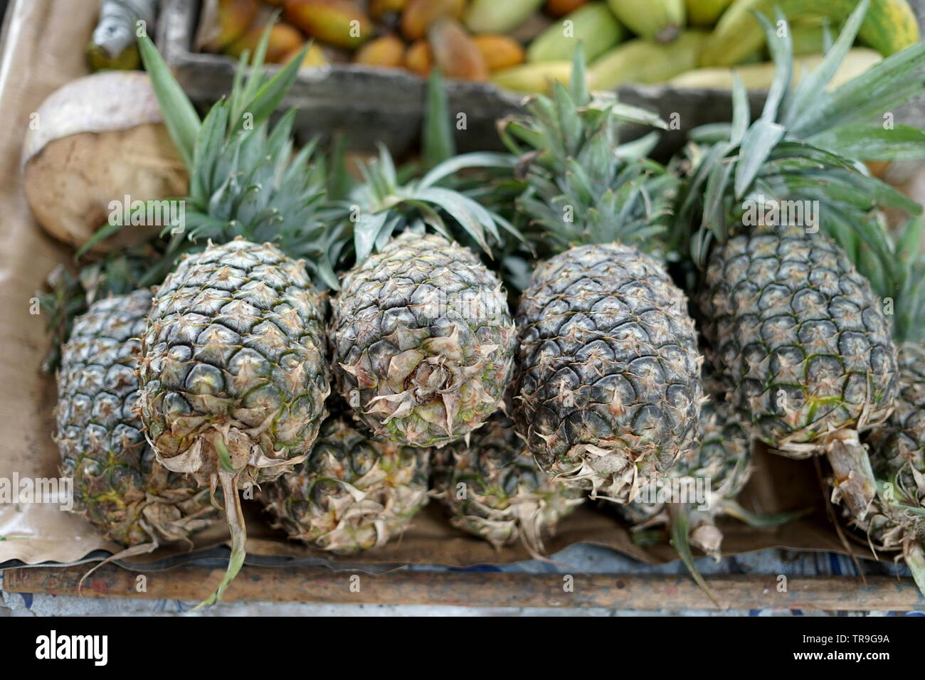 Mazzetto di ananas o Nanas al tradizionale mercato di frutta Foto Stock