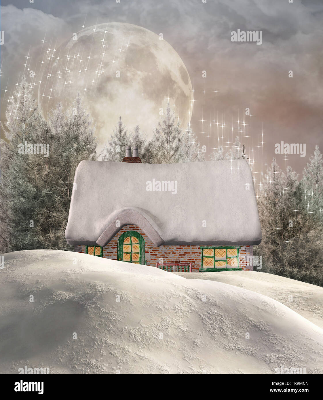 Snowy e tranquillo paesaggio invernale con un chalet Foto Stock