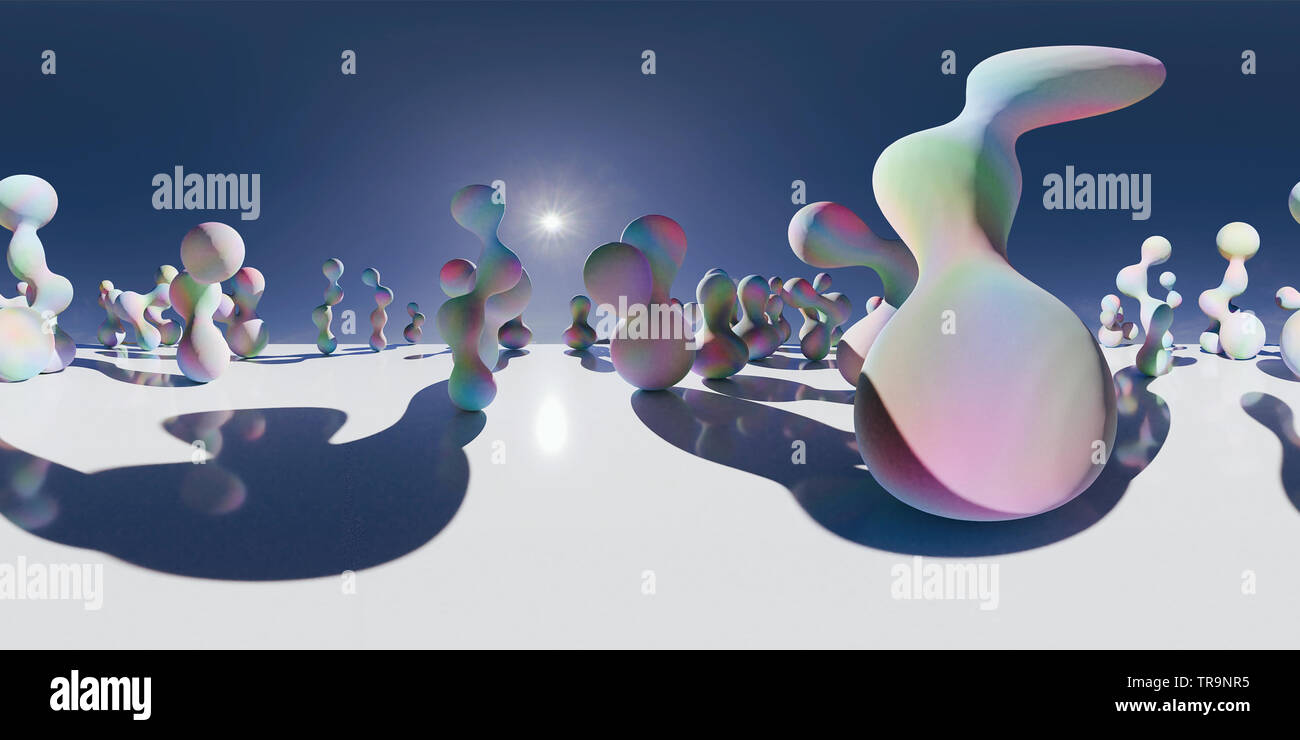 HDRI environment map, sferica panorama sullo sfondo, la sorgente di luce il rendering con oggetti astratti e sky (3d illustrazione equirettangolare) Foto Stock