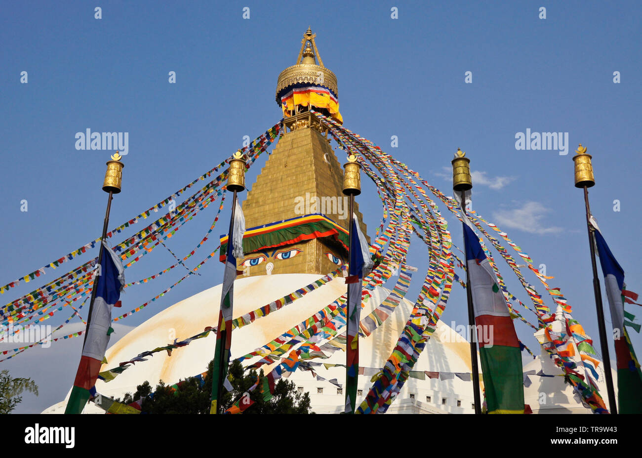 Tibetano Boudhanath stupa buddisti con la preghiera colorati Bandiere, Kathmandu, Nepal Foto Stock