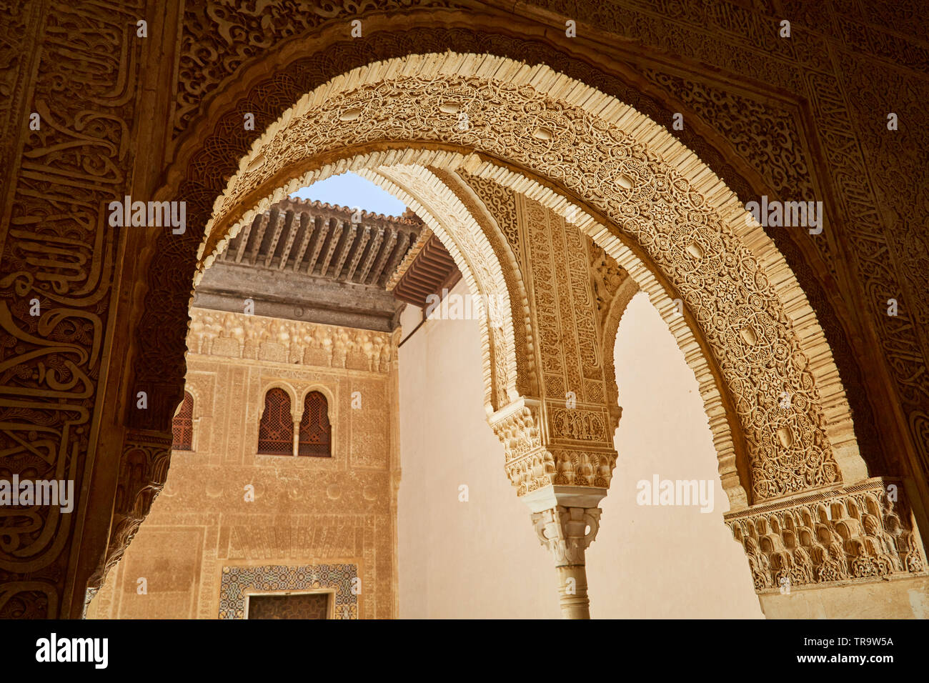 Intricati archi scolpiti a Alhambra Palace, a Granada, Spagna. Foto Stock