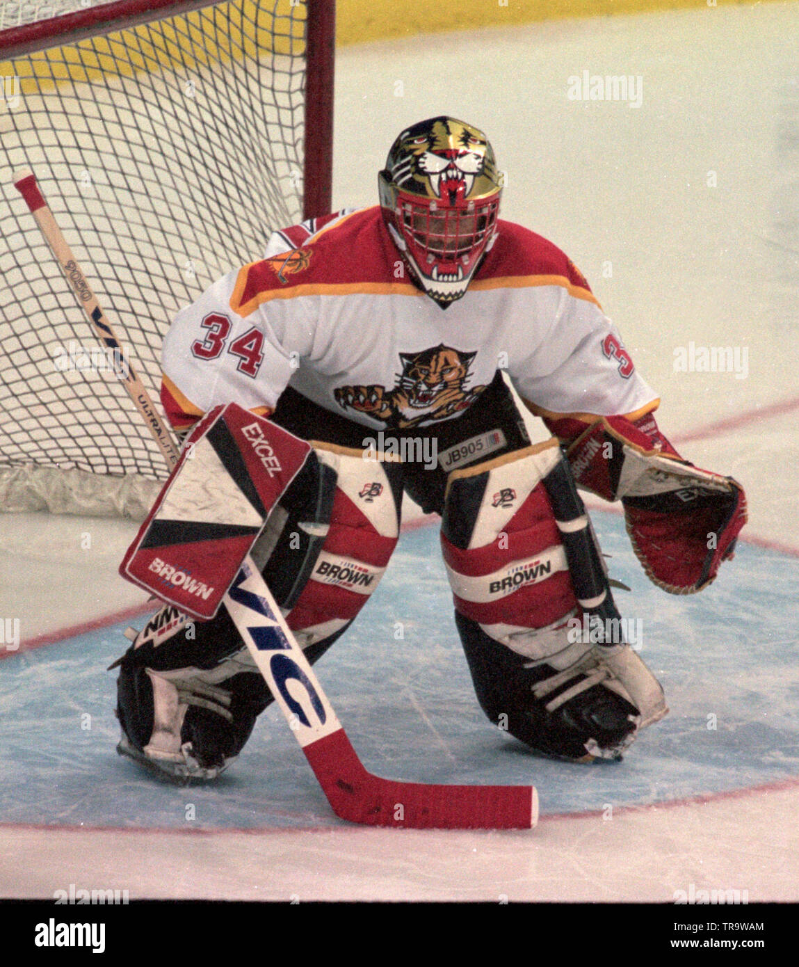 Florida Panther goalie John Van Biesbrouck in azione durante i primi pantere anni presso l'Arena di Miami a Miami in Florida. Foto Stock
