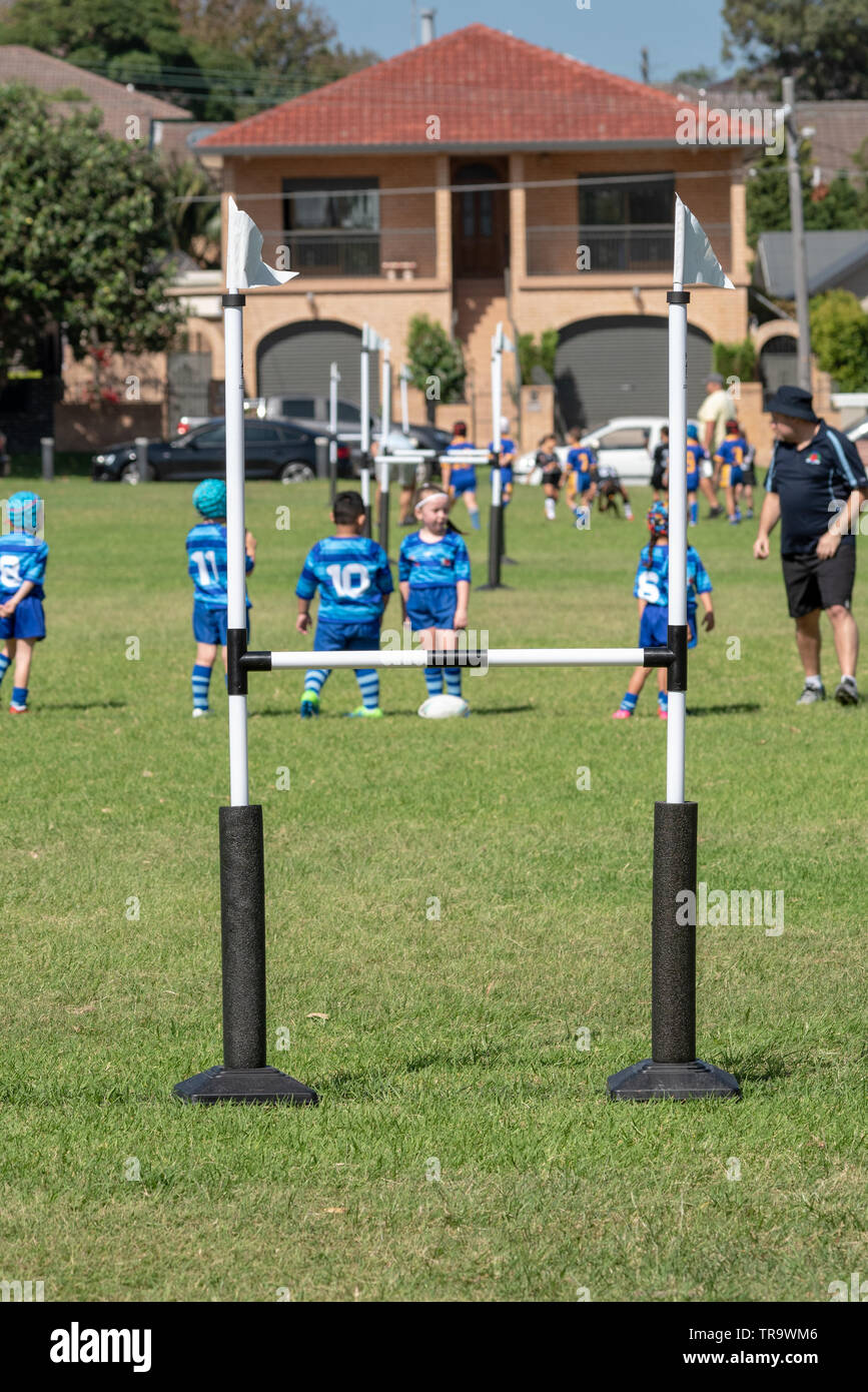 Obiettivo post per Australian partita di calcio Foto Stock