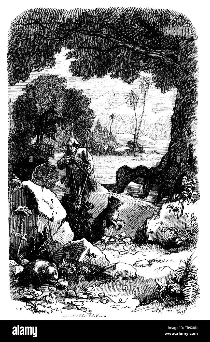 Robinson Crusoe uccide un aguti per la prima volta , (romanzo, 1897) Foto Stock