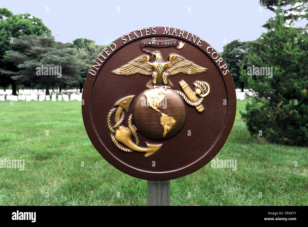 Corpo della Marina degli Stati Uniti emblema Long Island National Cemetery Farmingdale Long Island New York Foto Stock