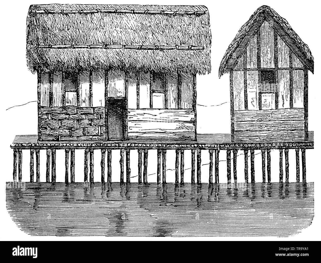 Pila abitazione hut dopo la costruzione di Messikomer, , (antropologia Prenota, 1874) Foto Stock