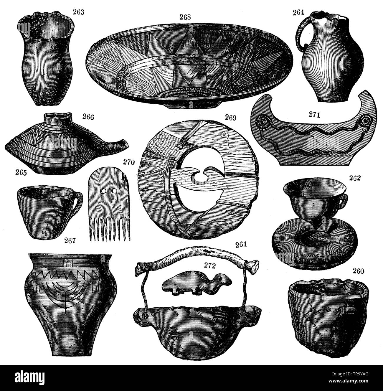 Gli strumenti e i cavi elettrici dalla pila abitazioni. 260) Pot, 261) pentole, 262) pentola di cottura con anello di fuoco fatto di argilla, 263) utensili di mungitura, 264) brocca, 265) utensili da bere, 266) urna con coperchio, 267) a vaso aperto, 268) Piastra con il nero e i triangoli rossi, 269) ruota di carro, 270) pettine, 271) LUNA foto, 272) animale foto, , (antropologia Prenota, 1874) Foto Stock