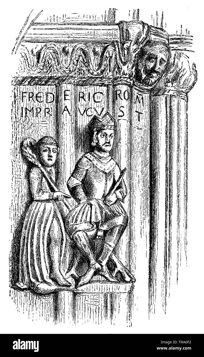 Fredericus Romanorum Imperator Augustus': Friedrich Barbarossa e il vescovo Albert von Freising. La scultura al portale della cattedrale di Freising, , (libro di storia, 1899) Foto Stock