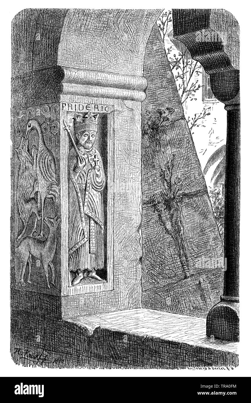 Ritratto di pietra di Friedrich Barbarossa presso la pietra angolare di una finestra nel chiostro del monastero di San Zeno nei pressi di Reichenhall in Baviera, , H. Knackfuß (libro di storia, 1899) Foto Stock
