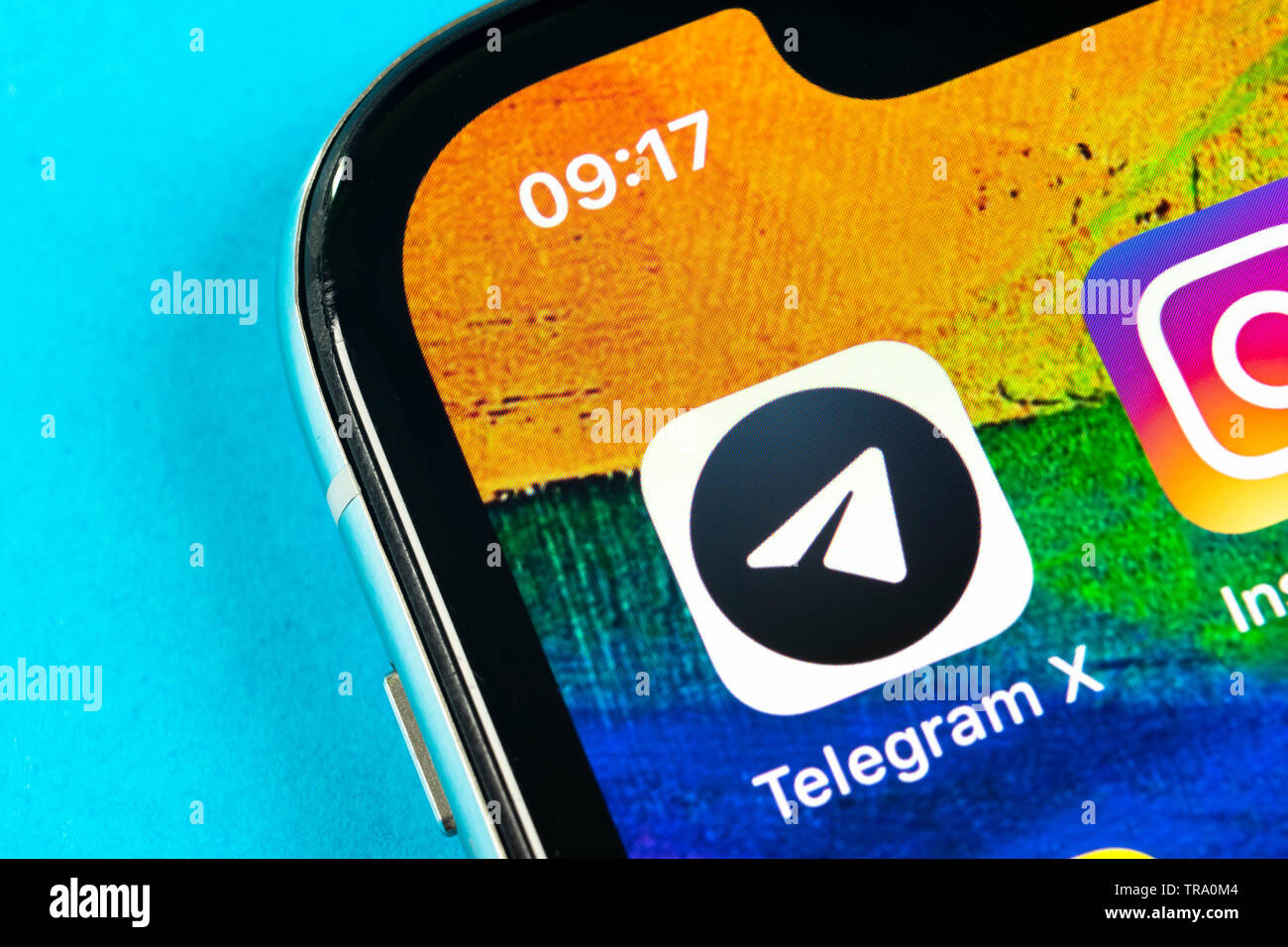 A Helsinki, Finlandia, 4 Maggio 2019: Telegramma X icona applicazione su Apple iPhone schermo X close-up. Telegramma X Icona app. Telegramma X è un servizio online di social med Foto Stock