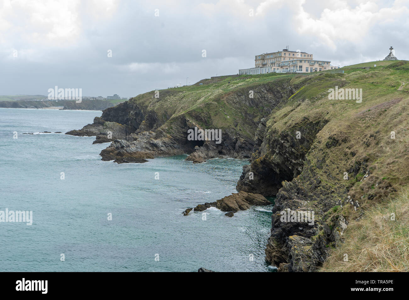 Atlantic Hotel in cima alla scogliera, Newquay, Cornwall, Regno Unito Foto Stock