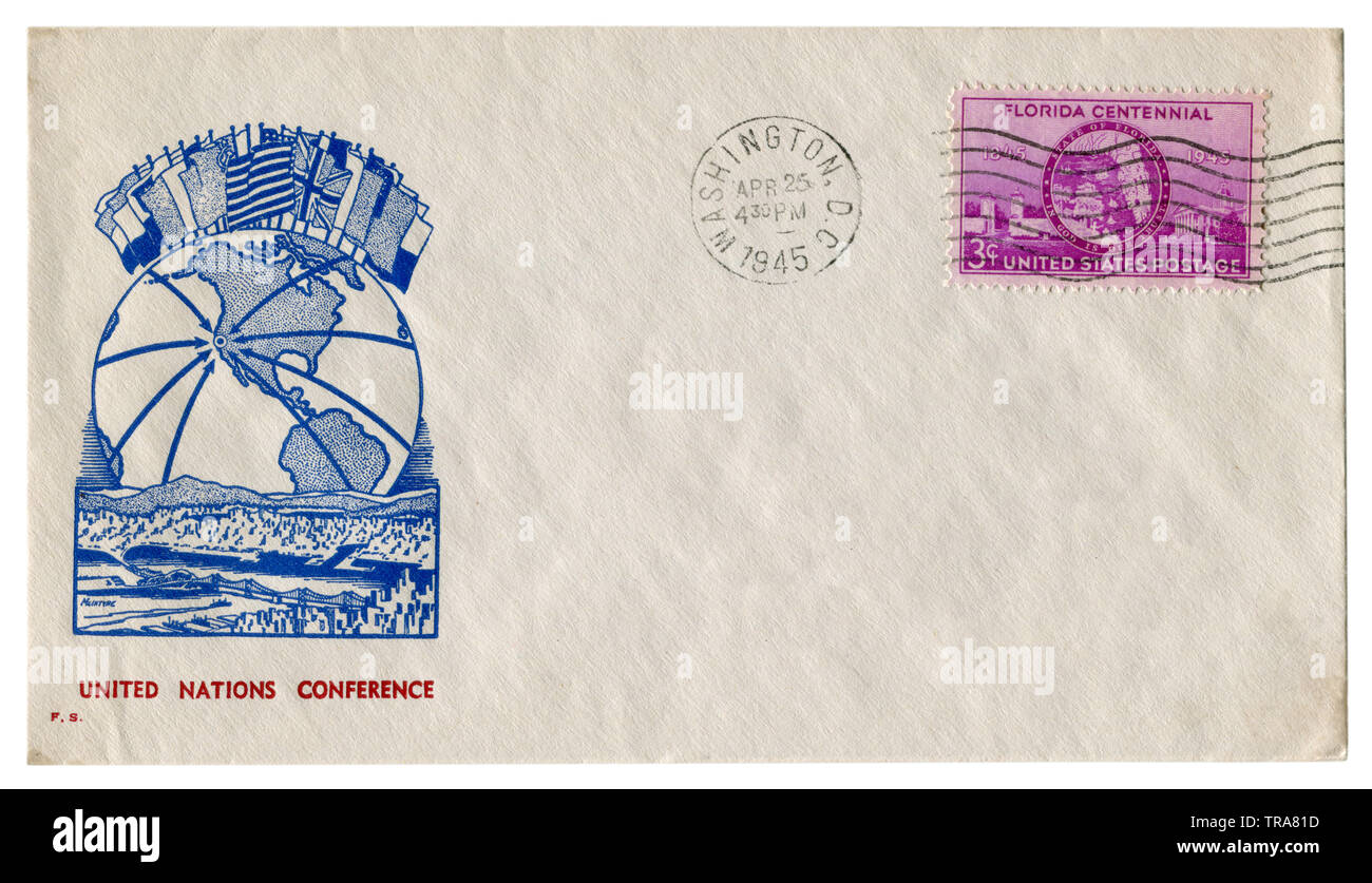 Washington D.C., USA - 25 Aprile 1945: noi busta storico: il coperchio con un cachet Conferenza delle Nazioni Unite, francobollo centenario della Florida Foto Stock