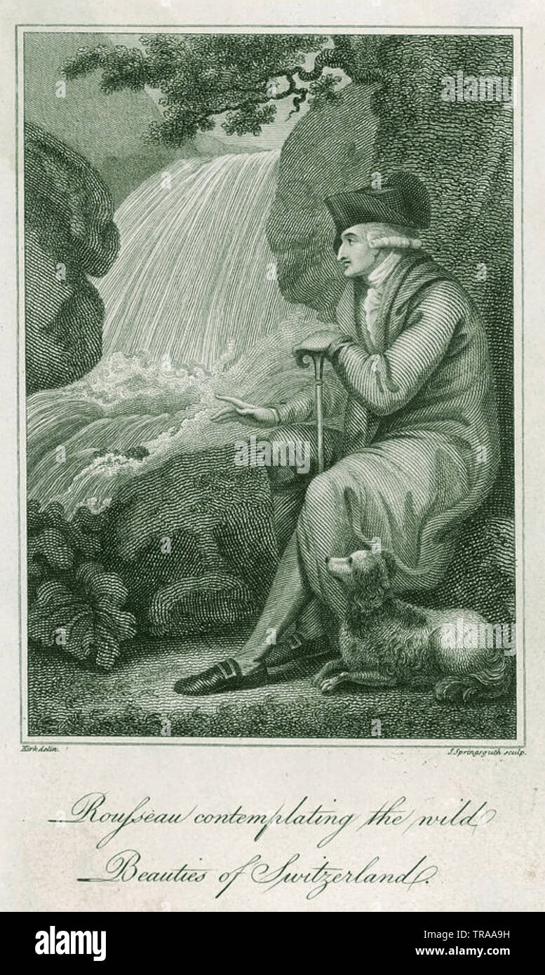 JEAN-JACQUES Rousseau (1712-1778), filosofo Gevevan,scrittore e compositore contemplando una cascata in Svizzera Foto Stock