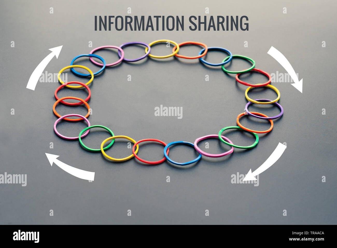 Condivisione delle informazioni concetto, gomma colorata banda con parola di condivisione delle informazioni, la freccia del flusso su sfondo nero Foto Stock