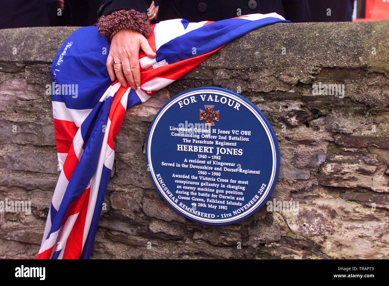 11.11.2002 - Lt.Col. H Jones, vedova di Sara a un armistizio cerimonia della Giornata questa mattina in Kingswear, Devon, dove una lapide a Lt.Col. H Jones è stata svelata. Il tenente colonnello H Jones si è aggiudicato la Victoria Cross dopo essere stato ucciso in azione durante la guerra delle Falkland 20 anni fa. Foto Stock