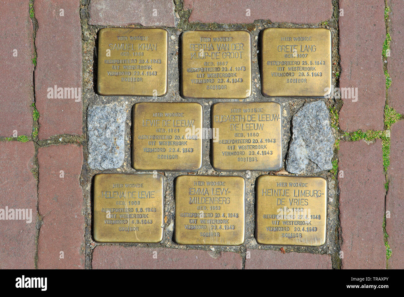 Targhe commemorative in Gouda, Paesi Bassi per le vittime ebree che furono deportati e uccisi in un campo di concentramento di Sobibor (Polonia) Foto Stock