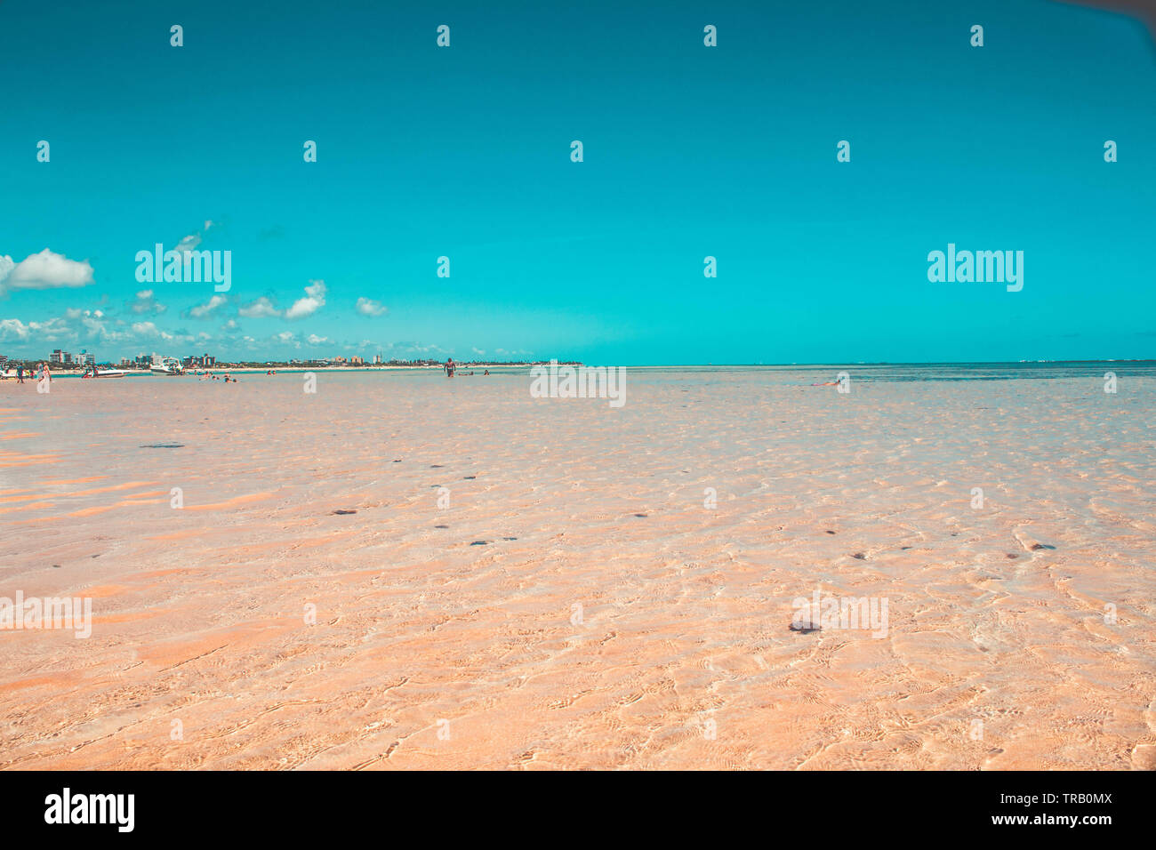 Creste di sabbia e le increspature sulla spiaggia con acqua blu in Paraiba, Brasile - Areia vermelha Foto Stock