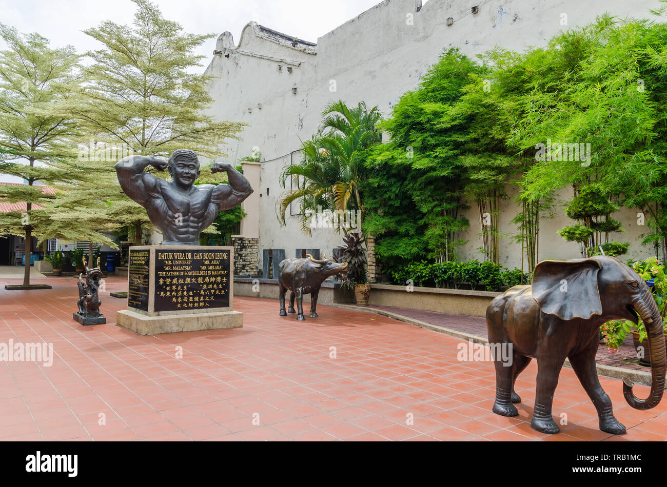 Malacca, Malesia - 22 Aprile 2019: Statua di Datuk Wira Dr. Gan Boon Leong, noto come "il padre di bodybuilder in Malacca,Malesia. Foto Stock