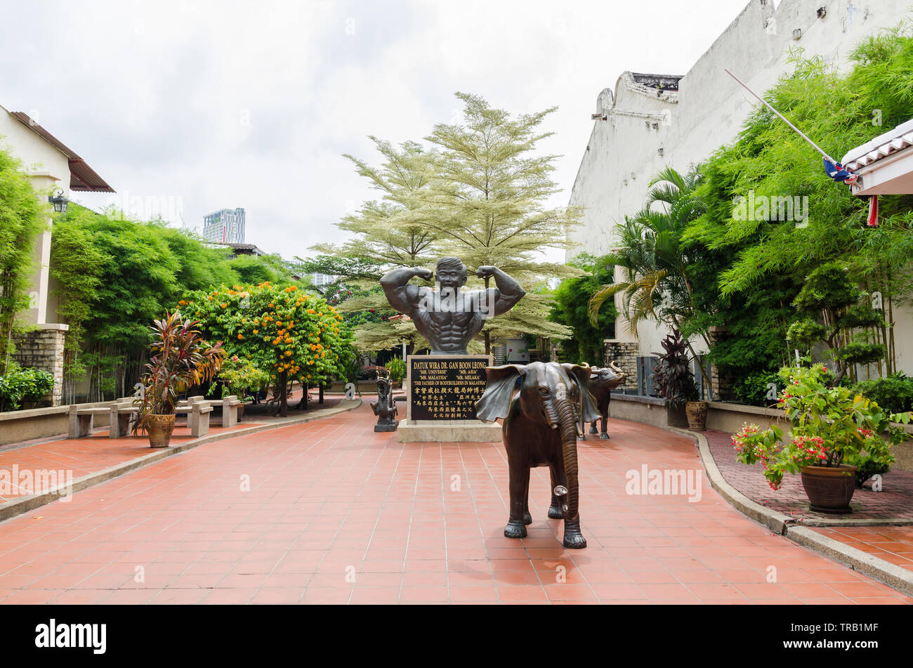 Malacca, Malesia - 22 Aprile 2019: Statua di Datuk Wira Dr. Gan Boon Leong, noto come "il padre di bodybuilder in Malacca,Malesia. Foto Stock