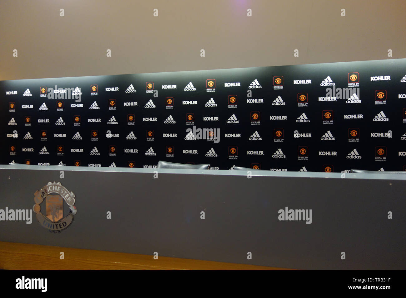 La Sala Stampa a Old Trafford, Manchester United Football Club, Manchester, Lancashire, Inghilterra, Regno Unito. Foto Stock