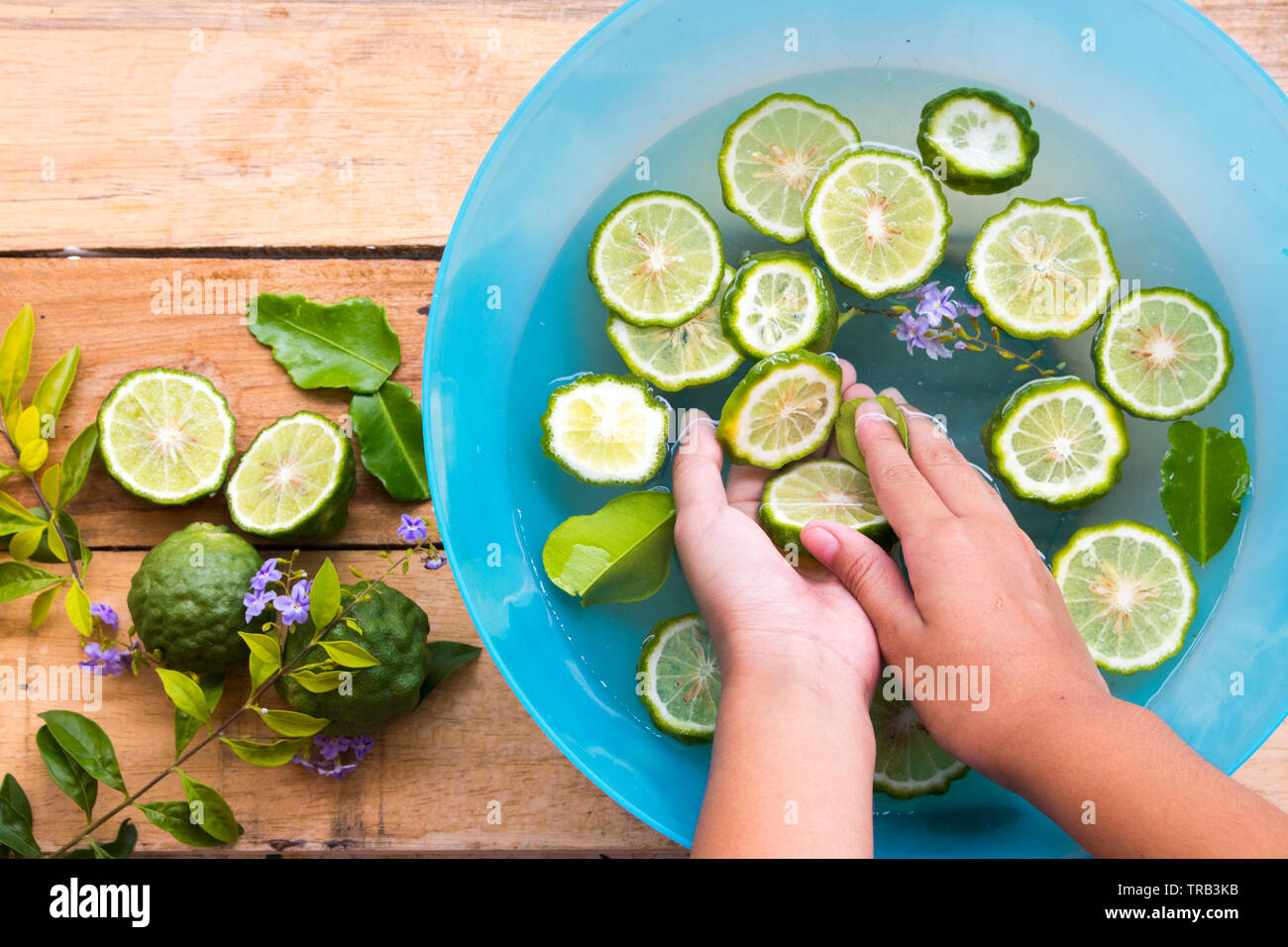 La mano della ragazza di pulizia con combava slice vegetazione locale dell Asia galleggiare sull'acqua Foto Stock